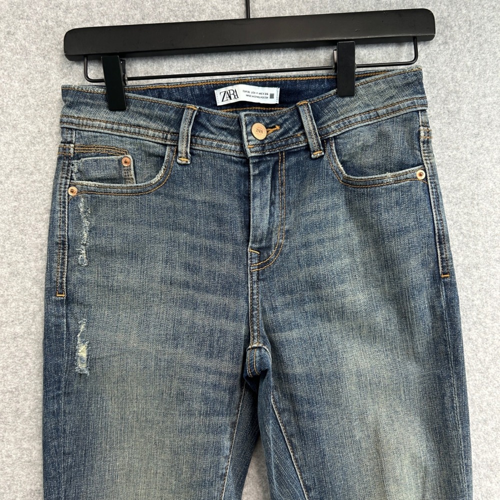 Zara Skinny Jeans Blue Distressed Raw Hem Casual Normcore Everyday Womens US 4 - Picture 4 of 12